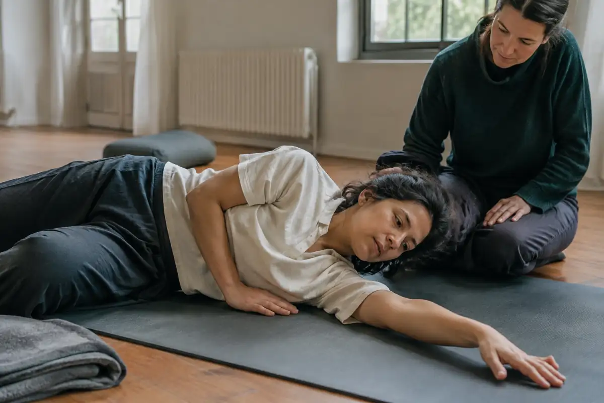Séance de Body-Mind Centering : une participante explore lentement un mouvement au sol dans un studio calme.