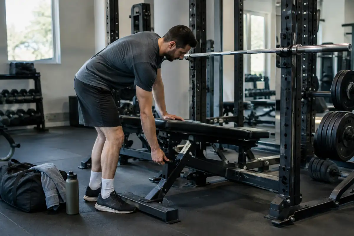 Un pratiquant vérifie un banc réglable et un rack avant sa séance de bodybuilding, avec barre et disques rangés à proximité.