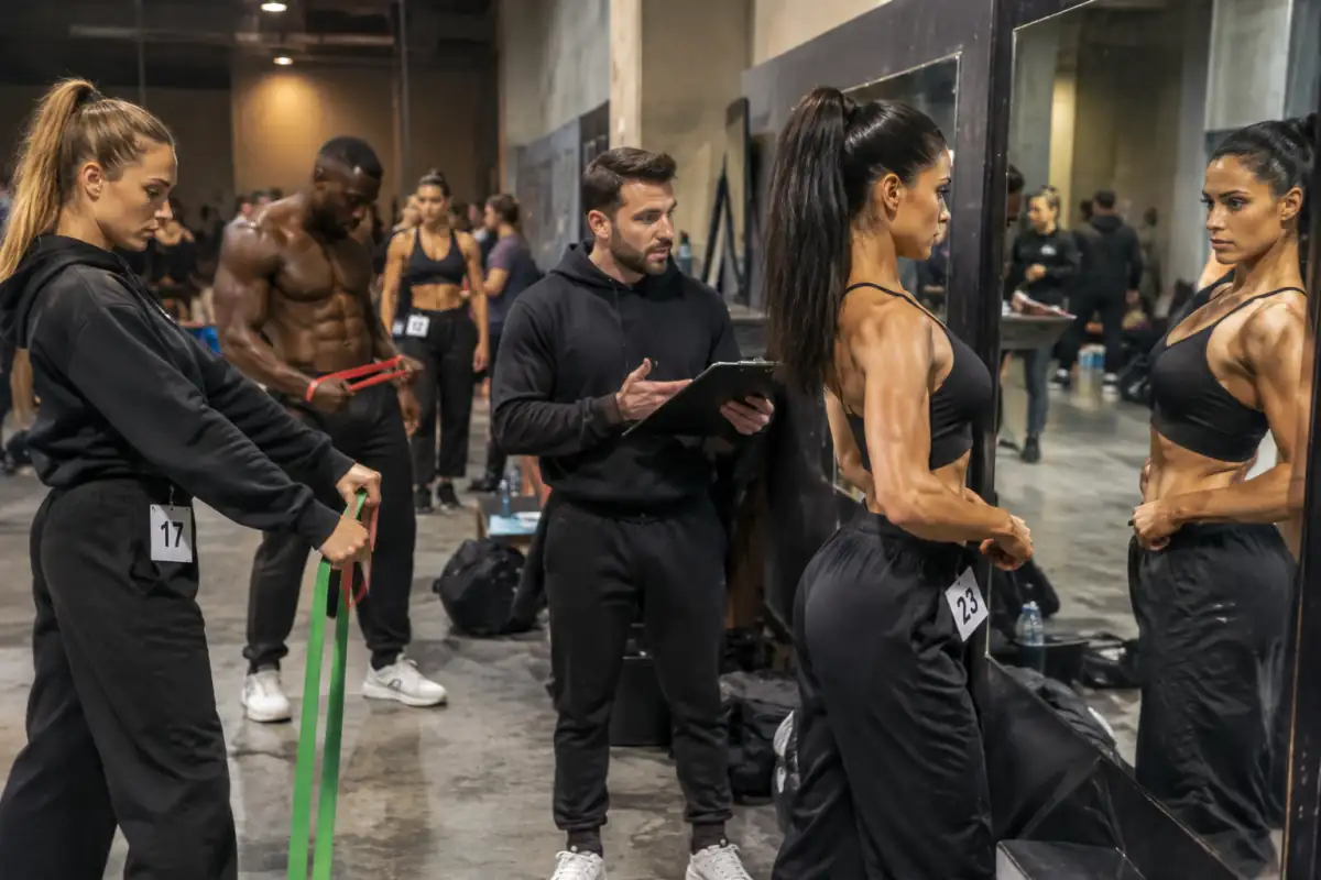 Athlète répétant une pose de double biceps devant un miroir, tandis qu’un entraîneur vérifie son placement avant une compétition.