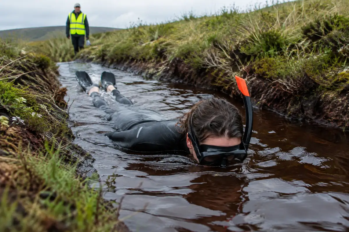 Participant en combinaison, masque, tuba et palmes nageant à la surface d’un fossé sombre lors d’une course de bog snorkelling.