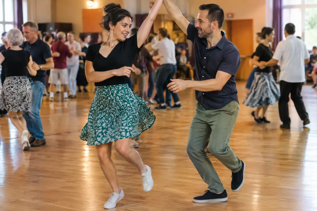 Un couple danse le boogie-woogie en salle, enchaînant un pas rapide et un tour sur un parquet.