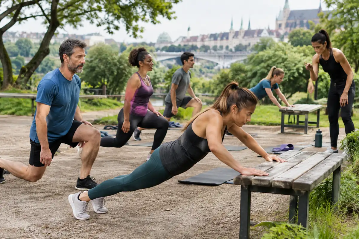 Séance de bootcamp fitness dans un parc : un groupe réalise des fentes et des pompes adaptées sous l’œil d’un coach.
