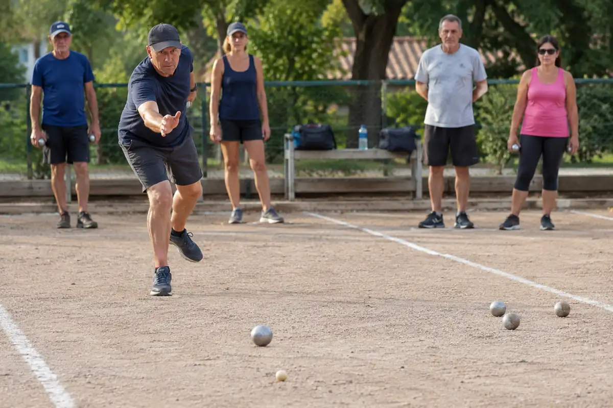 Un joueur lance une boule métallique sur un terrain long lors d’une partie de boules lyonnaises en extérieur.