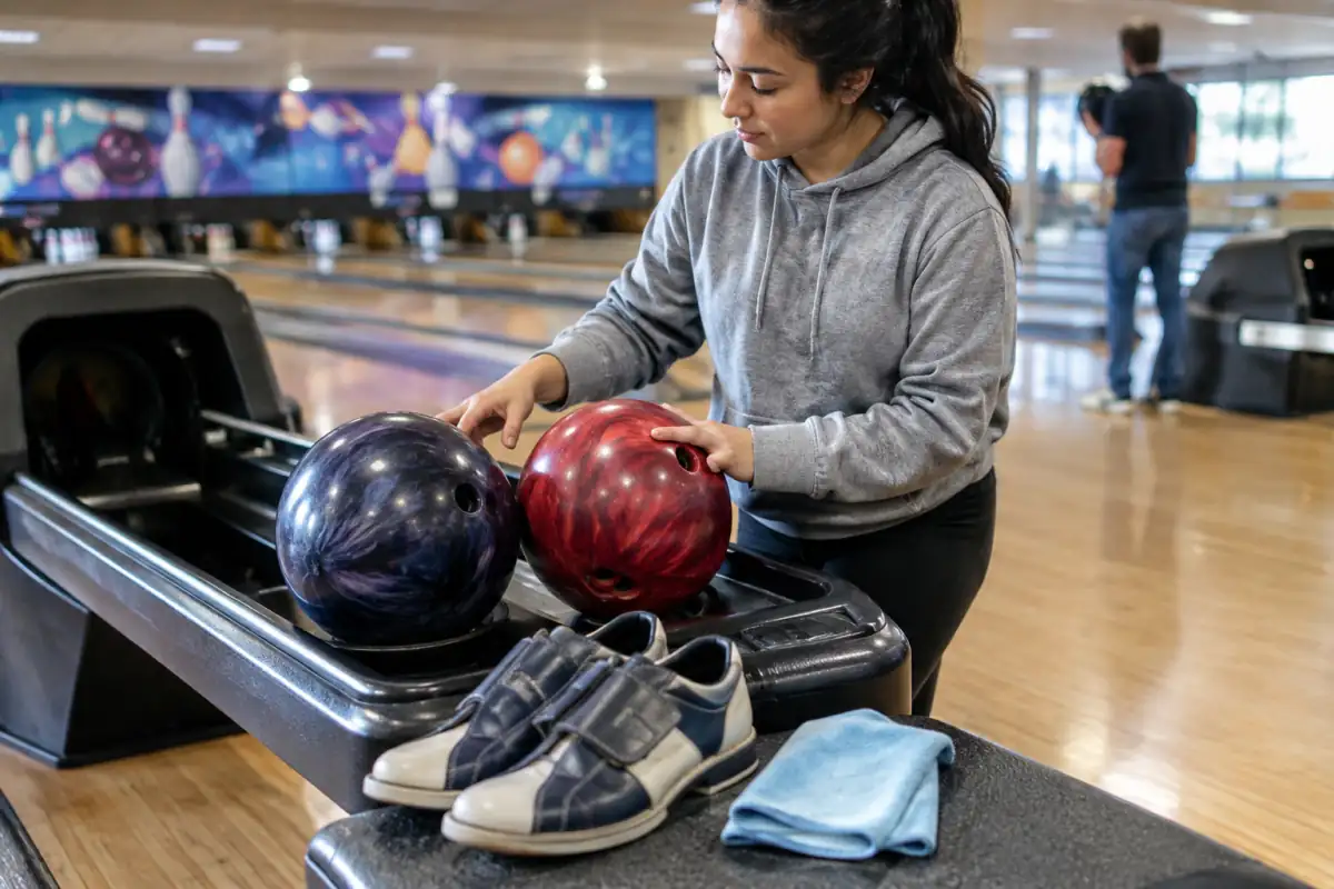 Boule personnelle et boule de location comparées près de chaussures de bowling, avec les trous et les semelles visibles.
