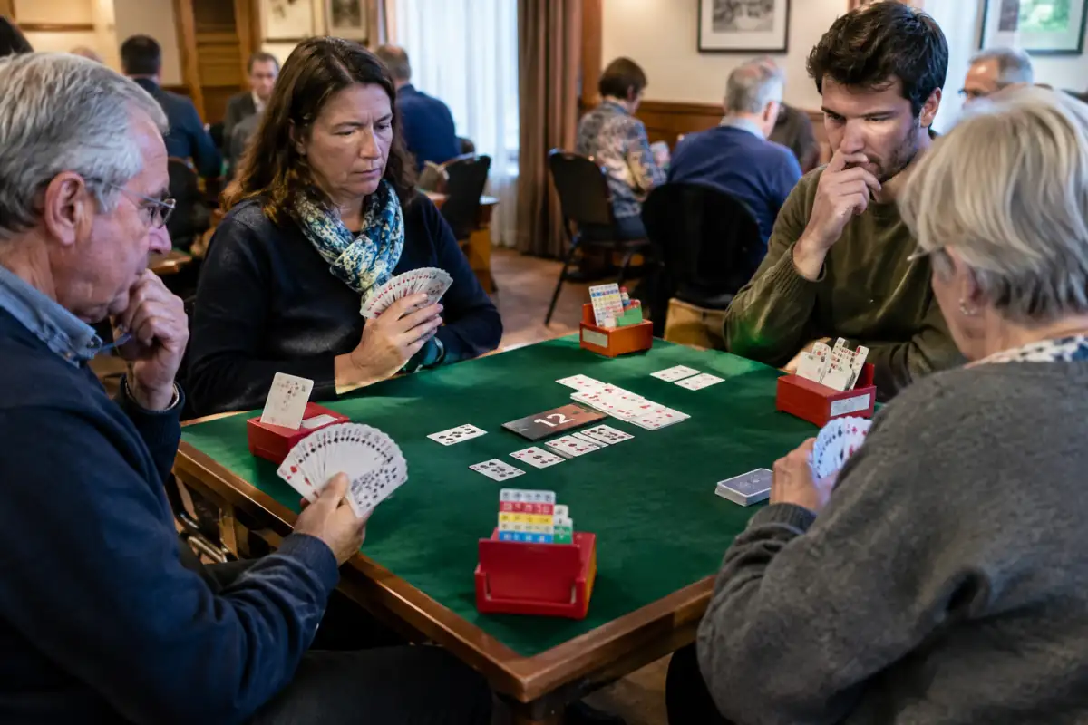 Quatre joueurs disputent une donne de bridge duplicate avec un étui de cartes et des boîtes d’enchères sur la table.