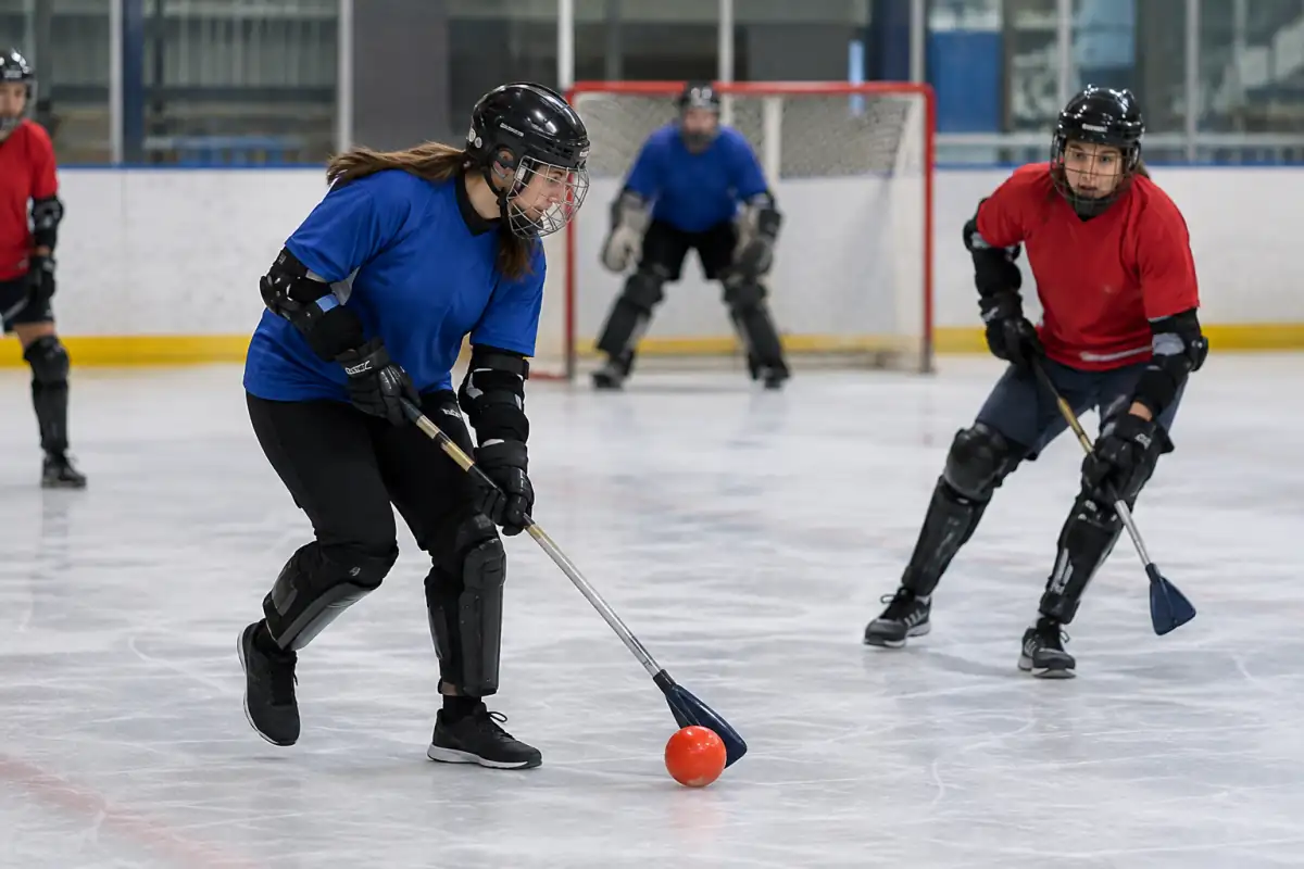 Joueurs de broomball en chaussures et protections disputant la balle avec leur balai sur une patinoire.