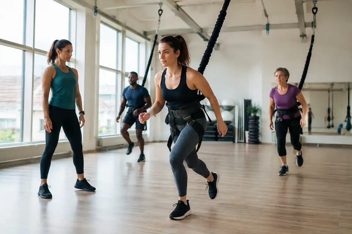 Une participante en harnais réalise un déplacement contrôlé de bungee fitness, reliée à une corde élastique en salle.