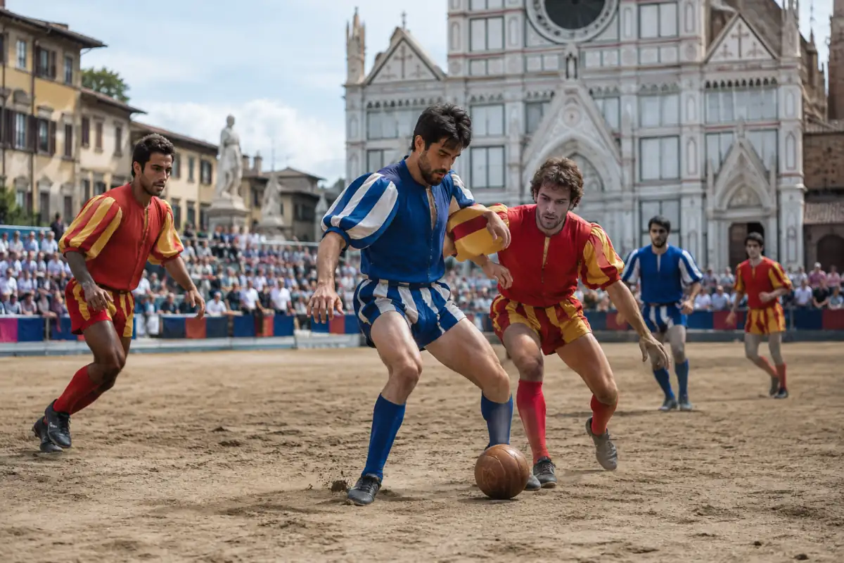 Des joueurs de calcio storico en tenue colorée se disputent le ballon dans une arène de sable à Florence.
