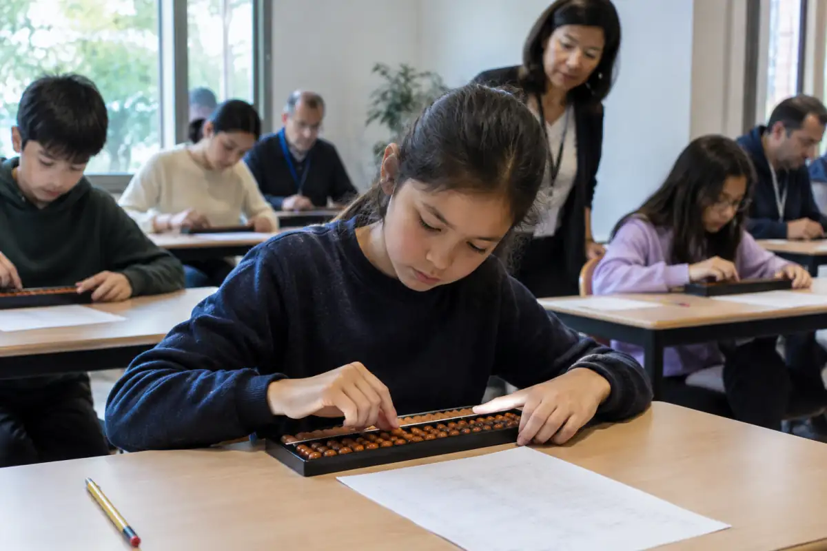 Une participante résout des opérations sur un soroban lors d’une compétition de calcul au boulier en salle.