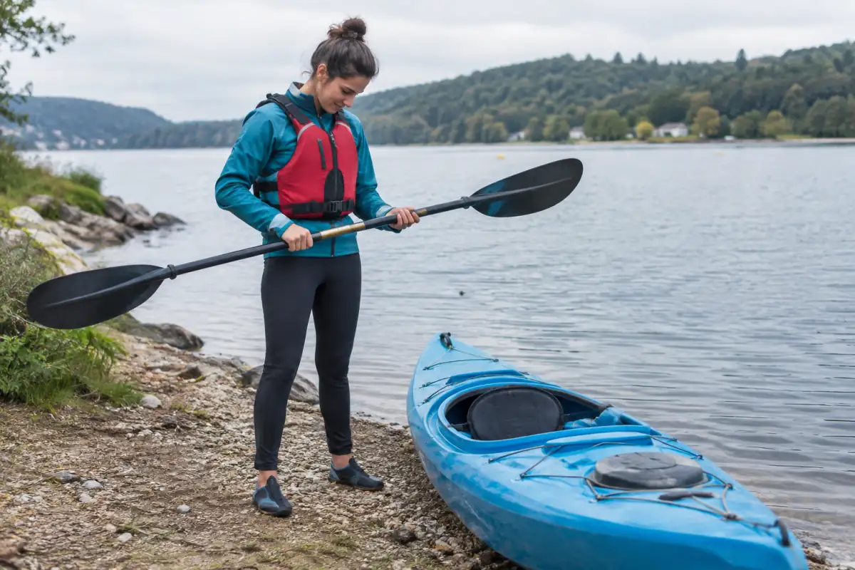 Débutant vérifiant son gilet, sa pagaie double et ses chaussures avant une sortie en kayak sur un lac calme.