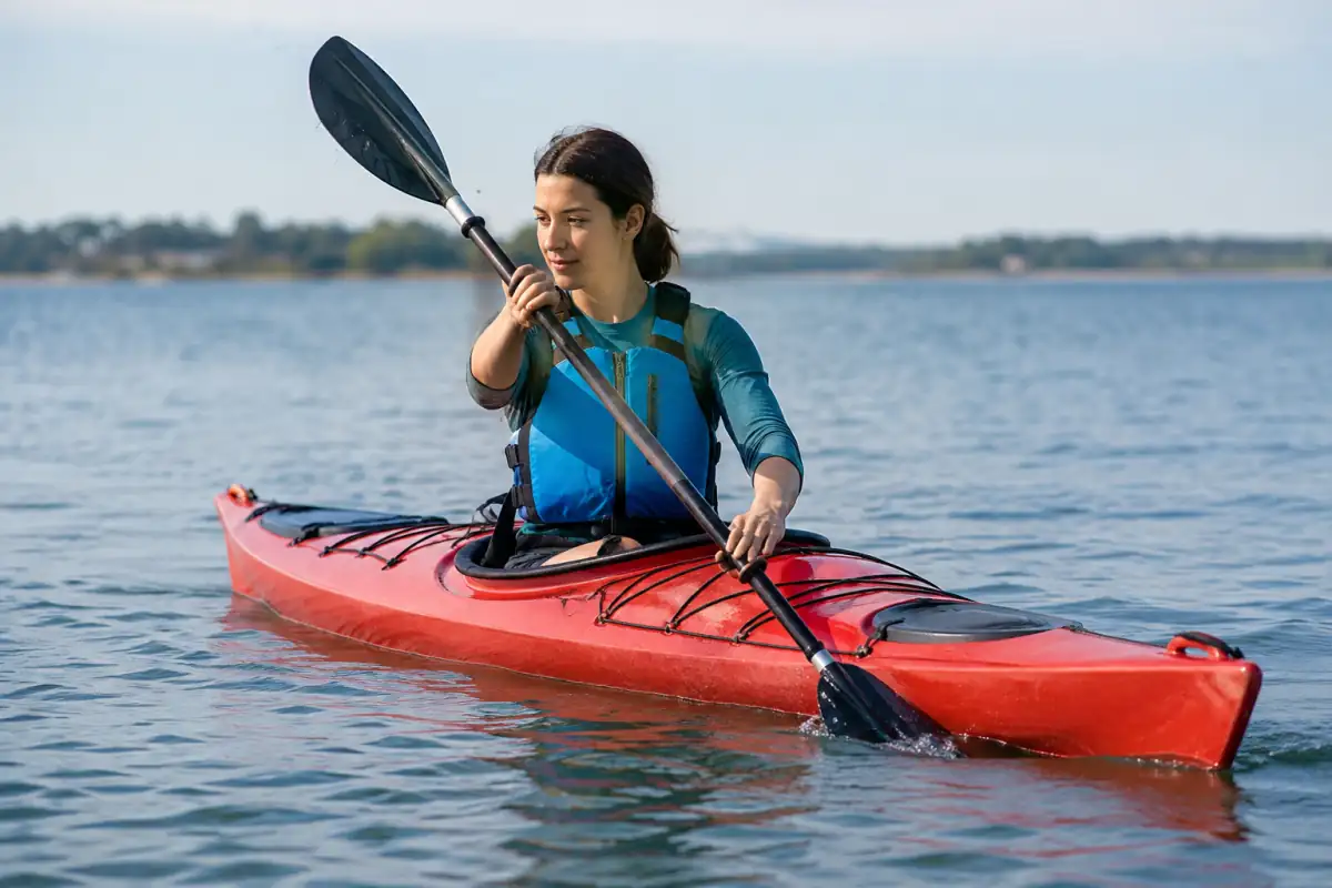Débutant en kayak travaillant la propulsion sur une eau calme, pale immergée près des pieds et buste en rotation.