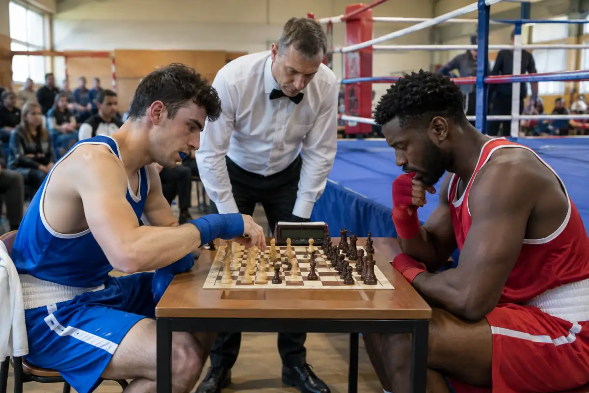 Deux athlètes en tenue de boxe jouent une partie rapide à la pendule pendant un match de chessboxing en salle.