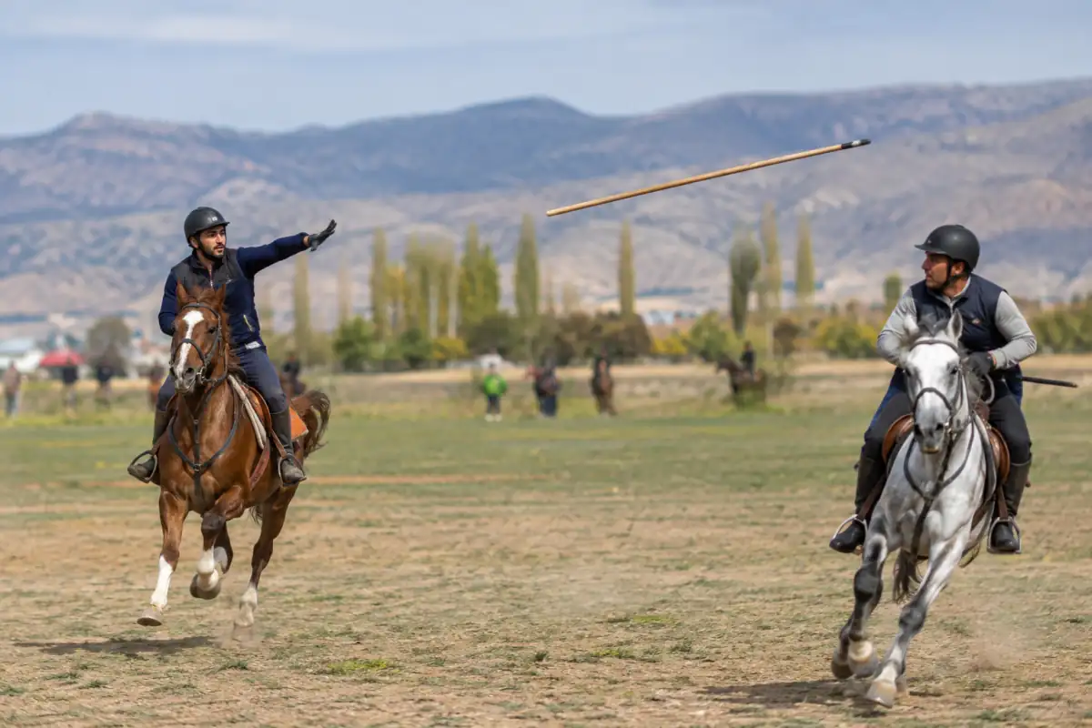 Un cavalier lance un javelot en bois pendant une partie de cirit, sport équestre traditionnel turc pratiqué sur un terrain ouvert.