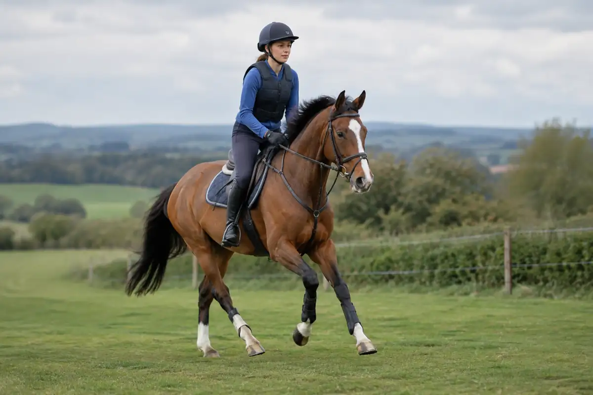 Une cavalière travaille le galop de son cheval en extérieur sur un terrain régulier, lors d’une séance de préparation au concours complet.