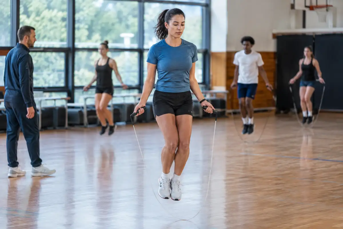 Une sportive réalise un saut bas à la corde simple pendant un entraînement de corde à sauter sportive en salle.