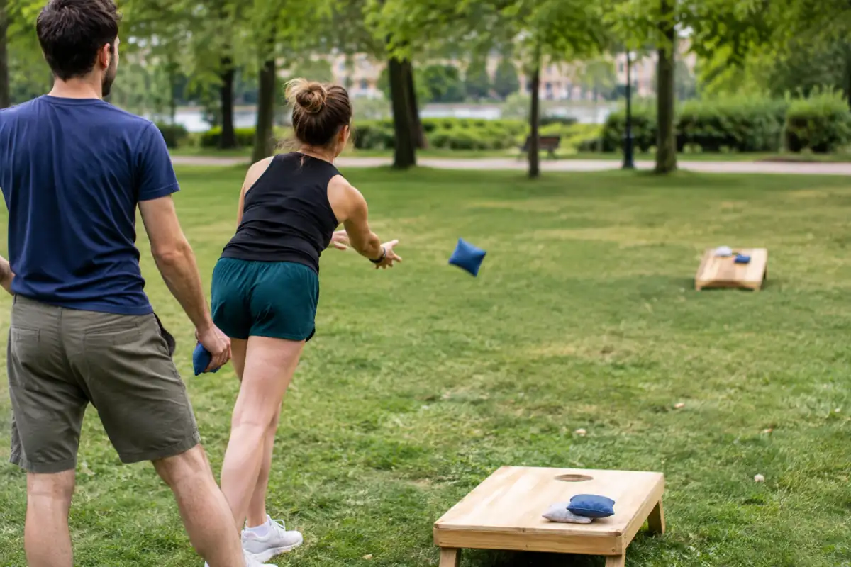 Un joueur lance un sac vers une planche de cornhole inclinée, tandis que la seconde cible apparaît au fond du terrain.
