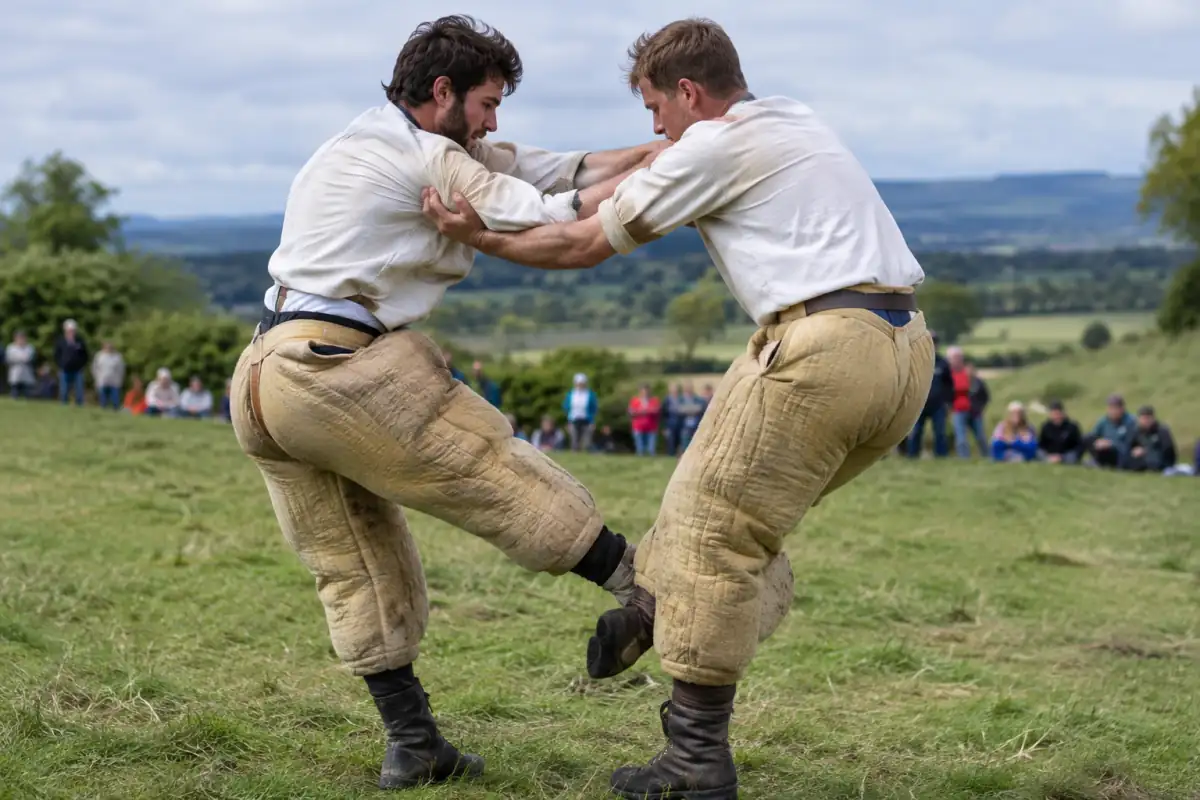 Deux concurrents de coup de pied tibial, pantalon rembourré de paille, s’agrippent aux épaules sur une pelouse des Cotswolds.