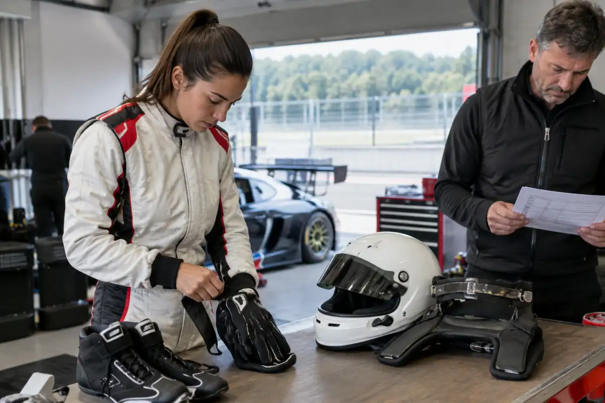 Un pilote amateur vérifie son casque, son dispositif FHR et sa tenue ignifugée dans le garage avant une course d’endurance.