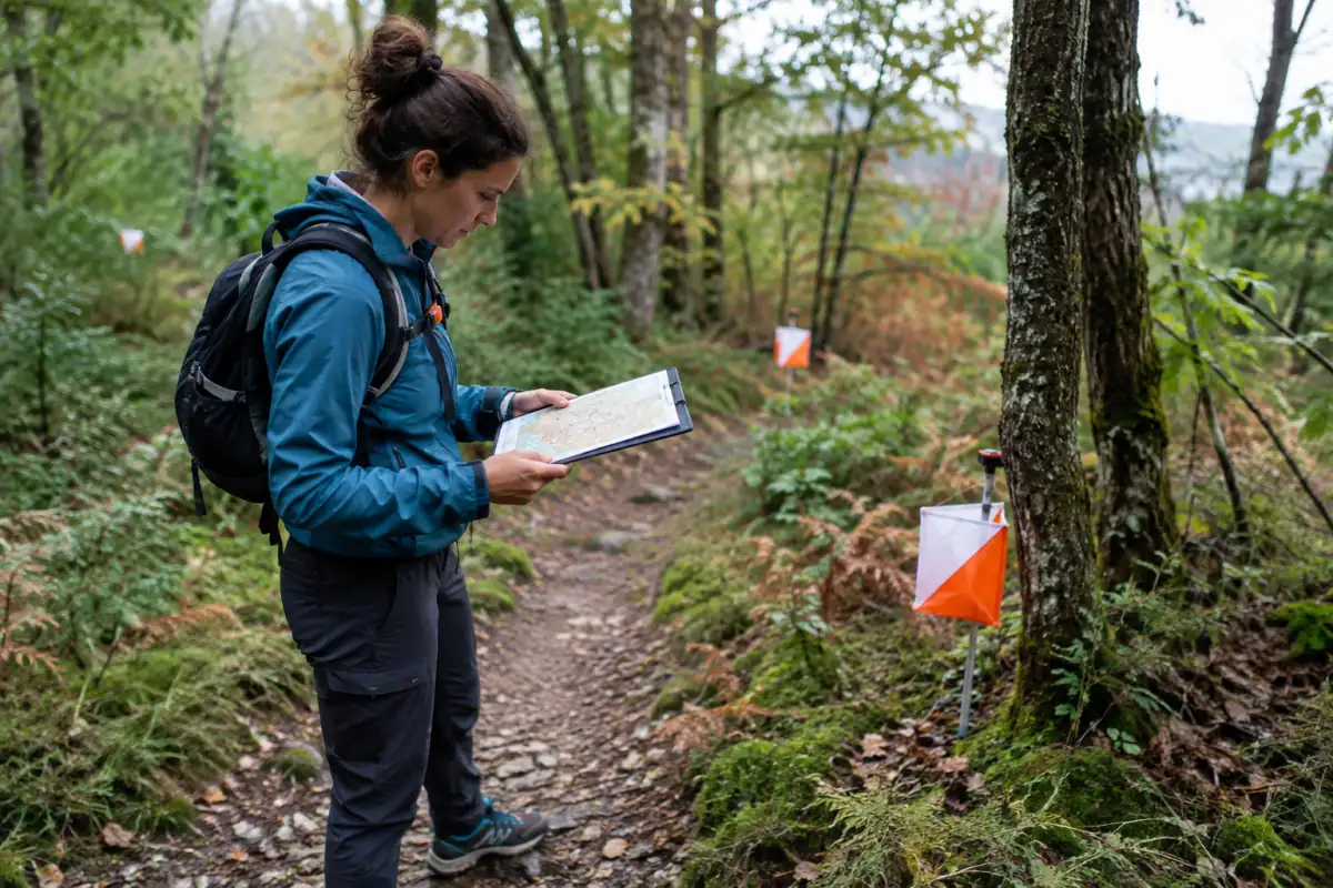 Course d’orientation de précision : une participante compare sa carte aux balises orange et blanches visibles depuis un chemin forestier.