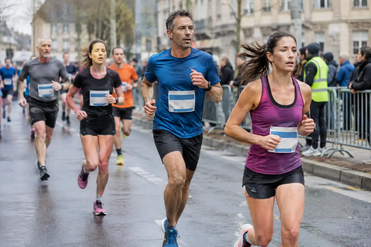Des coureurs avec dossards avancent sur une route urbaine lors d’une course de 10 km en France.