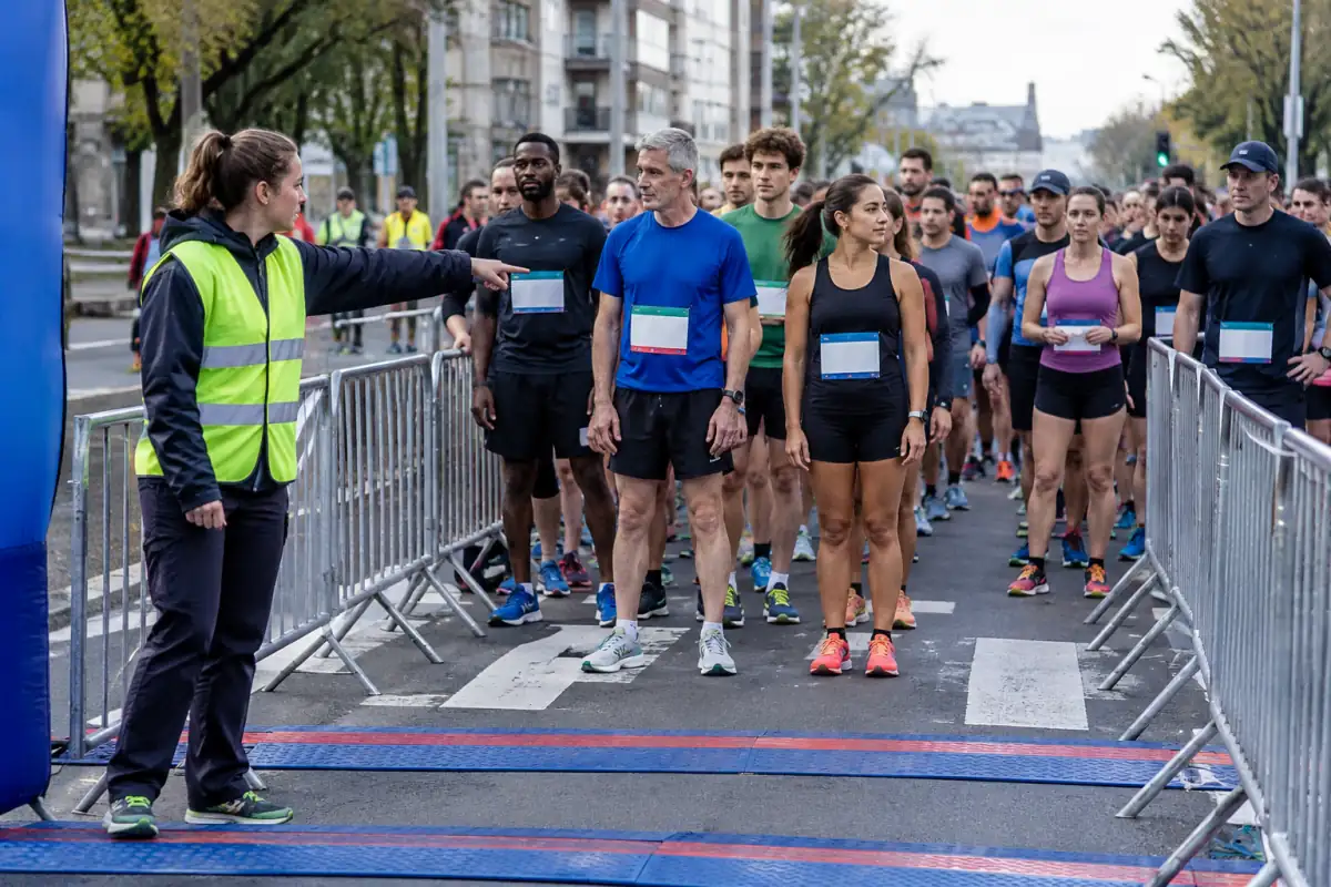 Des coureurs attendent dans leurs sas derrière la ligne de départ d’un 10 km, dossards visibles et tapis de chronométrage au sol.
