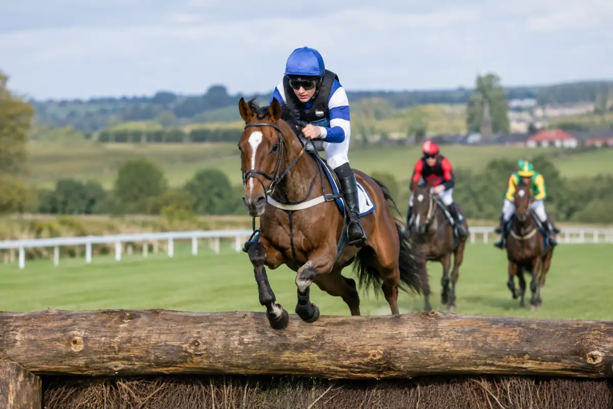 Un jockey en tenue de course franchit un obstacle en bois avec son cheval lors d’une course de cross-country hippique.
