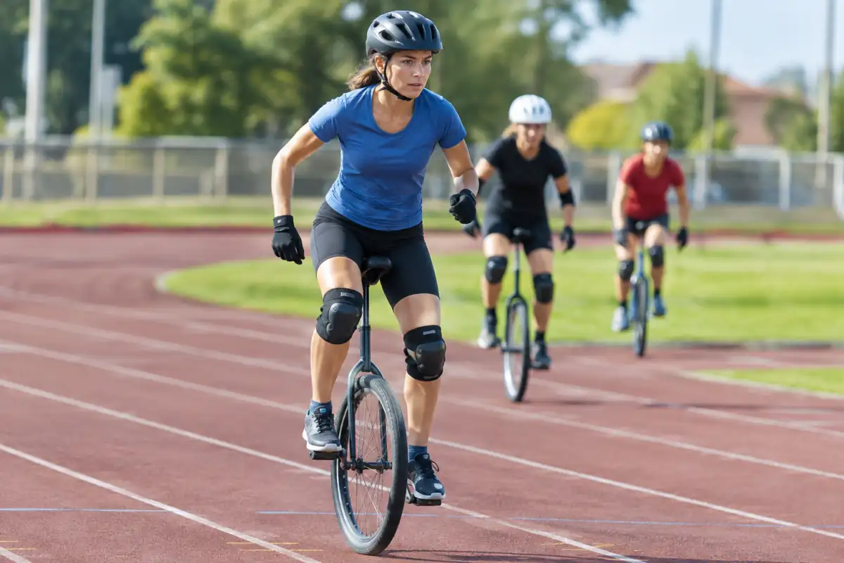 Course de monocycle sur piste : un athlète casqué pédale à pleine vitesse sur un monocycle de course à une roue.