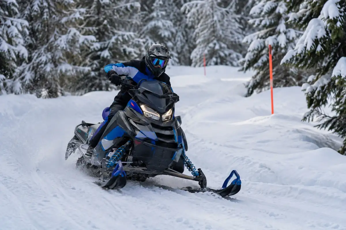 Pilote équipé en course de motoneige cross-country négociant un virage sur un sentier enneigé bordé d’arbres.