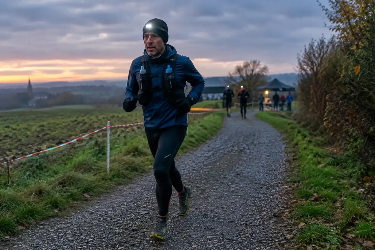 Un coureur équipé d’une lampe frontale parcourt une boucle de Backyard Ultra sur un chemin au petit matin.