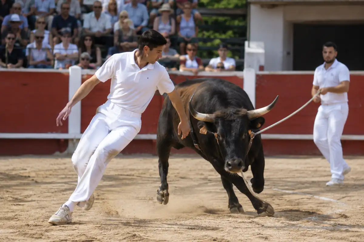Un écarteur esquive une coursière encordée dans une arène landaise, tandis que le cordier accompagne la trajectoire de l’animal.