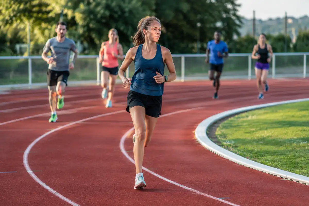 Coureuse accélérant dans un virage sur une piste d’athlétisme de 400 mètres lors d’un entraînement en stade.