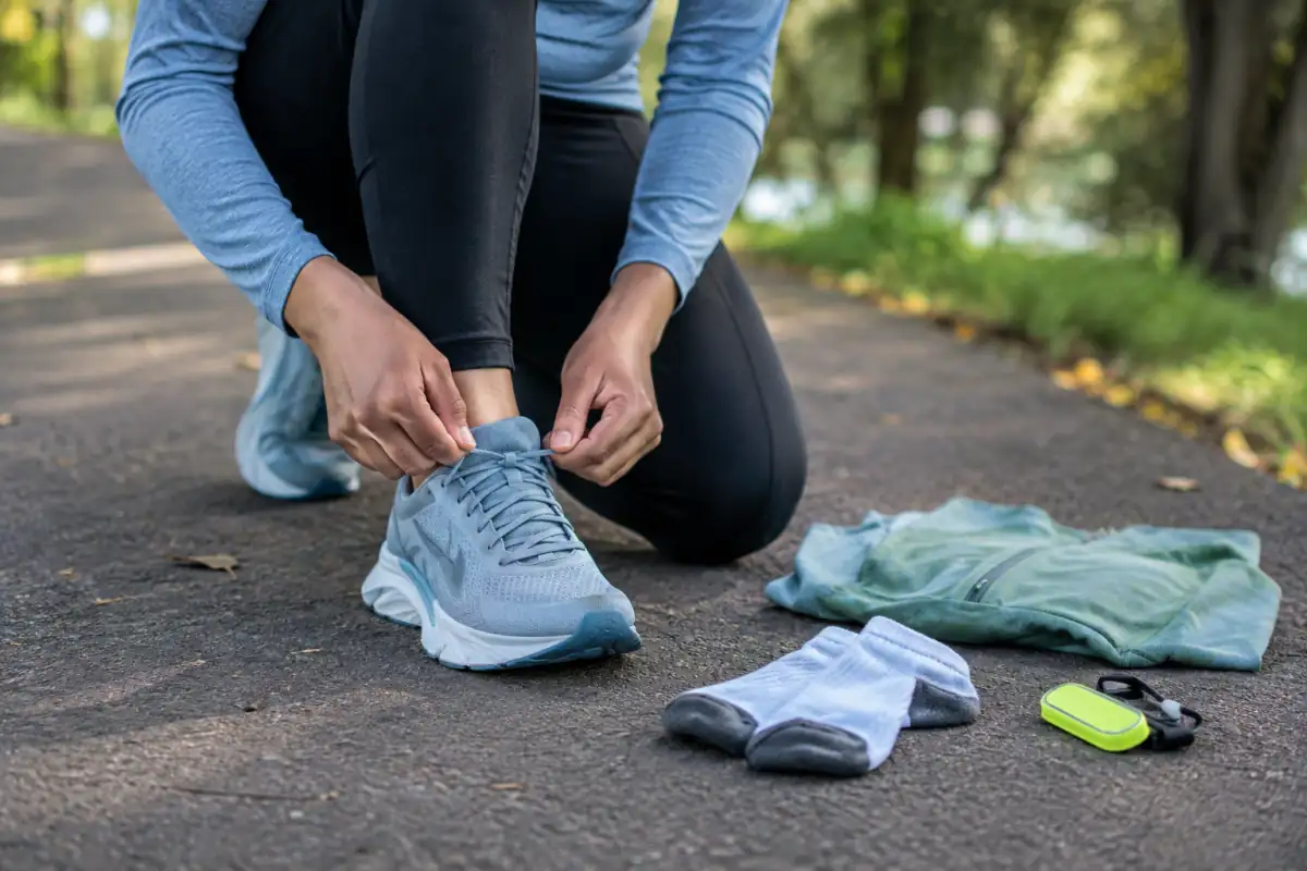 Chaussures de course sur route lacées avec des chaussettes de sport et une tenue légère adaptée à une sortie débutante.