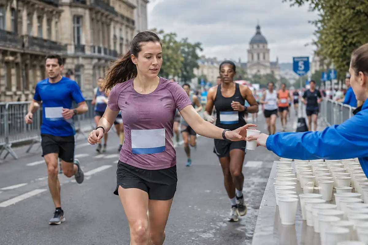 Un coureur saisit un gobelet au ravitaillement d’une course sur route balisée, tandis que les autres participants poursuivent leur parcours.