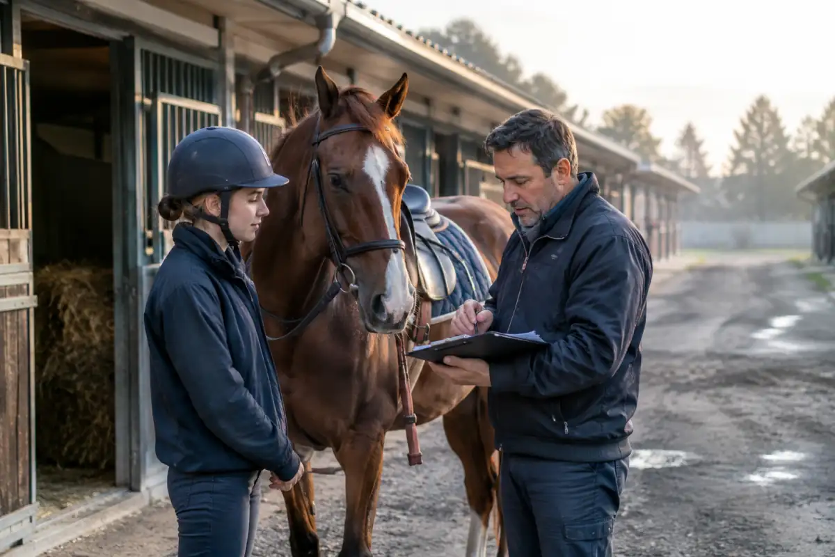 Une personne en formation découvre le travail d’une écurie de galop aux côtés d’un entraîneur et d’un cheval.
