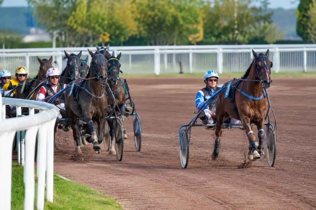 Des chevaux attelés abordent un tournant, tandis qu’un driver déplace son sulky vers une voie extérieure dégagée.