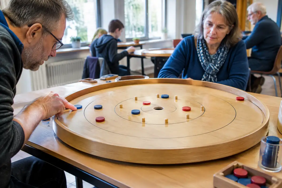 Partie de crokinole sur un plateau en bois : un joueur propulse un disque vers la zone centrale et les pièces adverses.