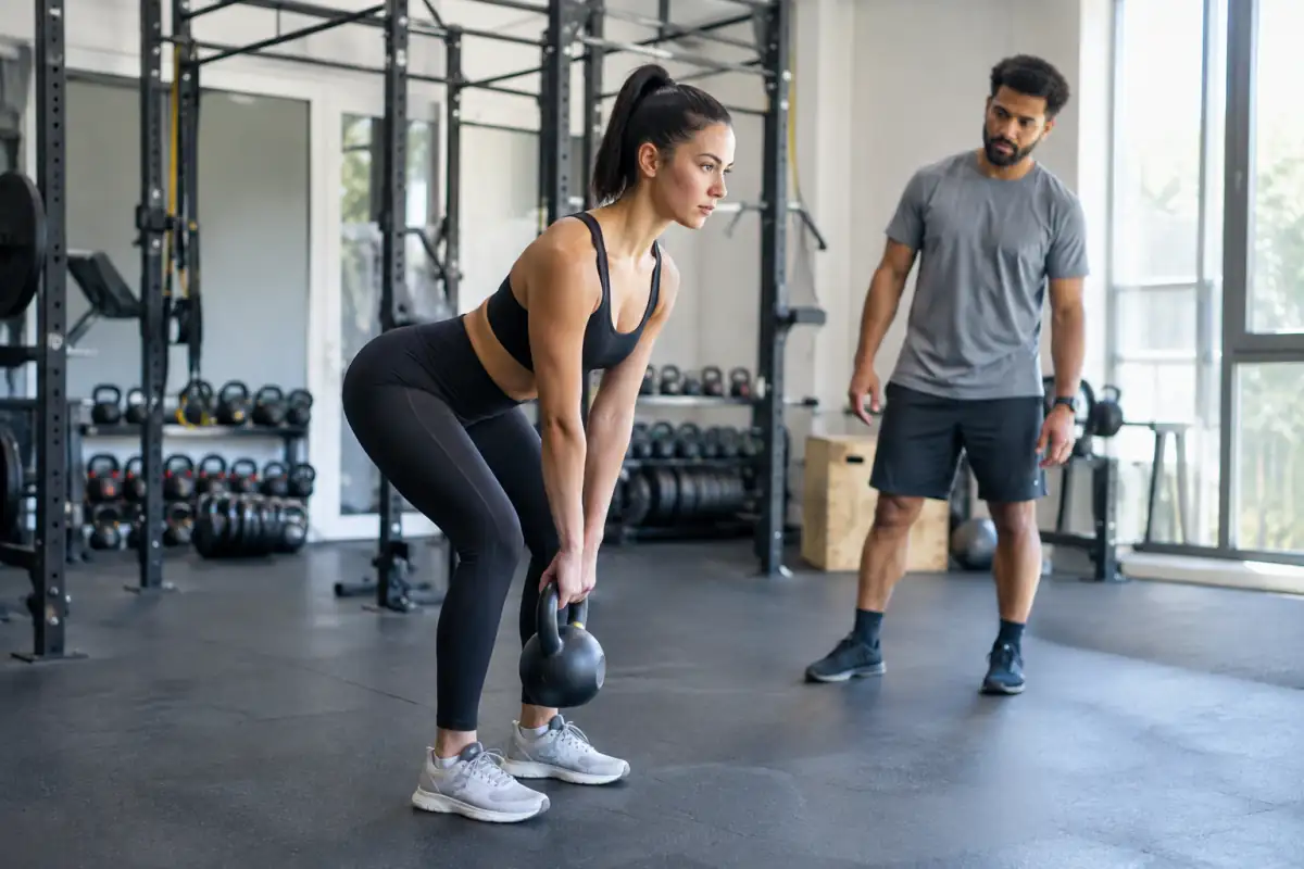 Un pratiquant réalise un mouvement de charnière de hanche avec une kettlebell légère, sous le regard d’un coach.