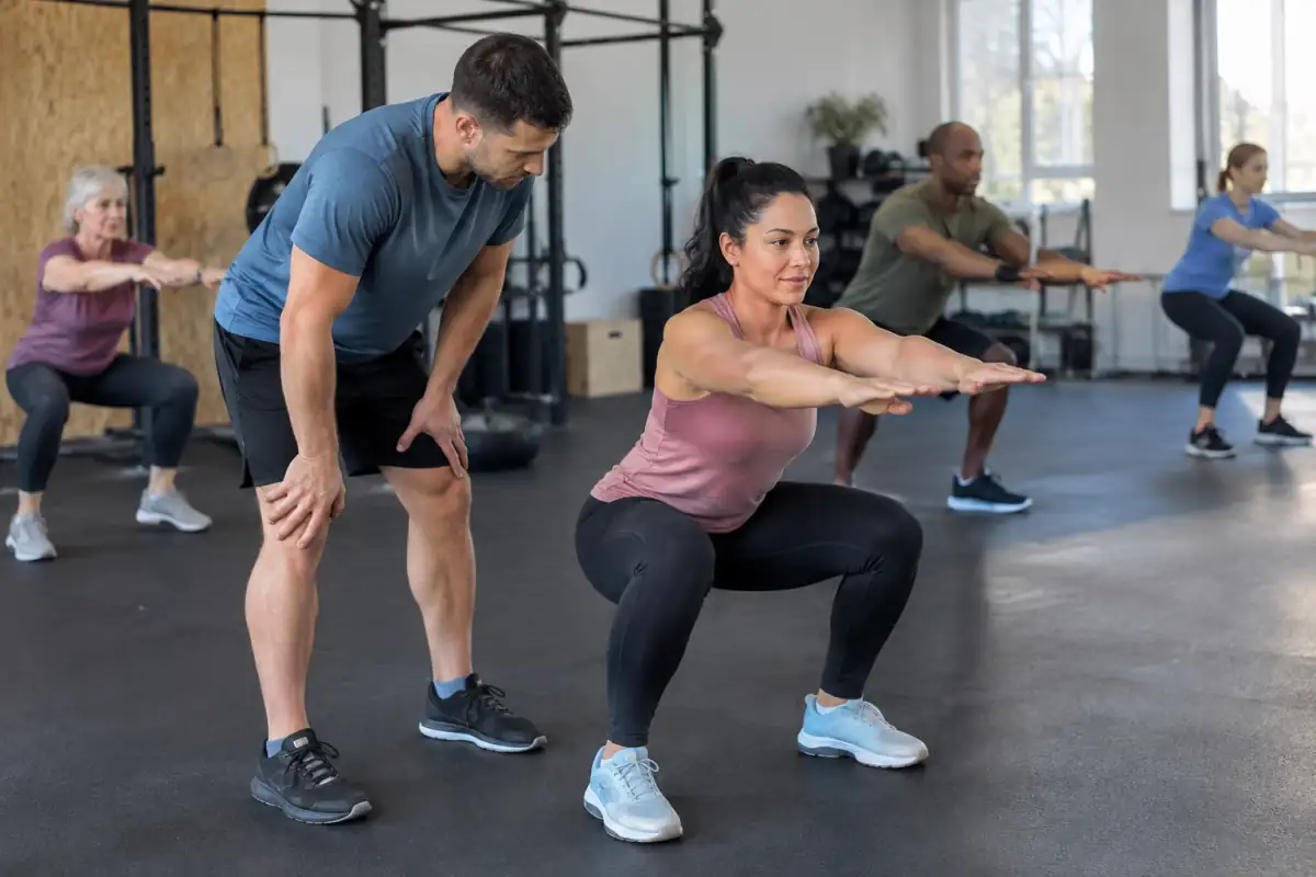 Un coach montre un squat au poids du corps à une personne novice avant sa première séance de cross-training.