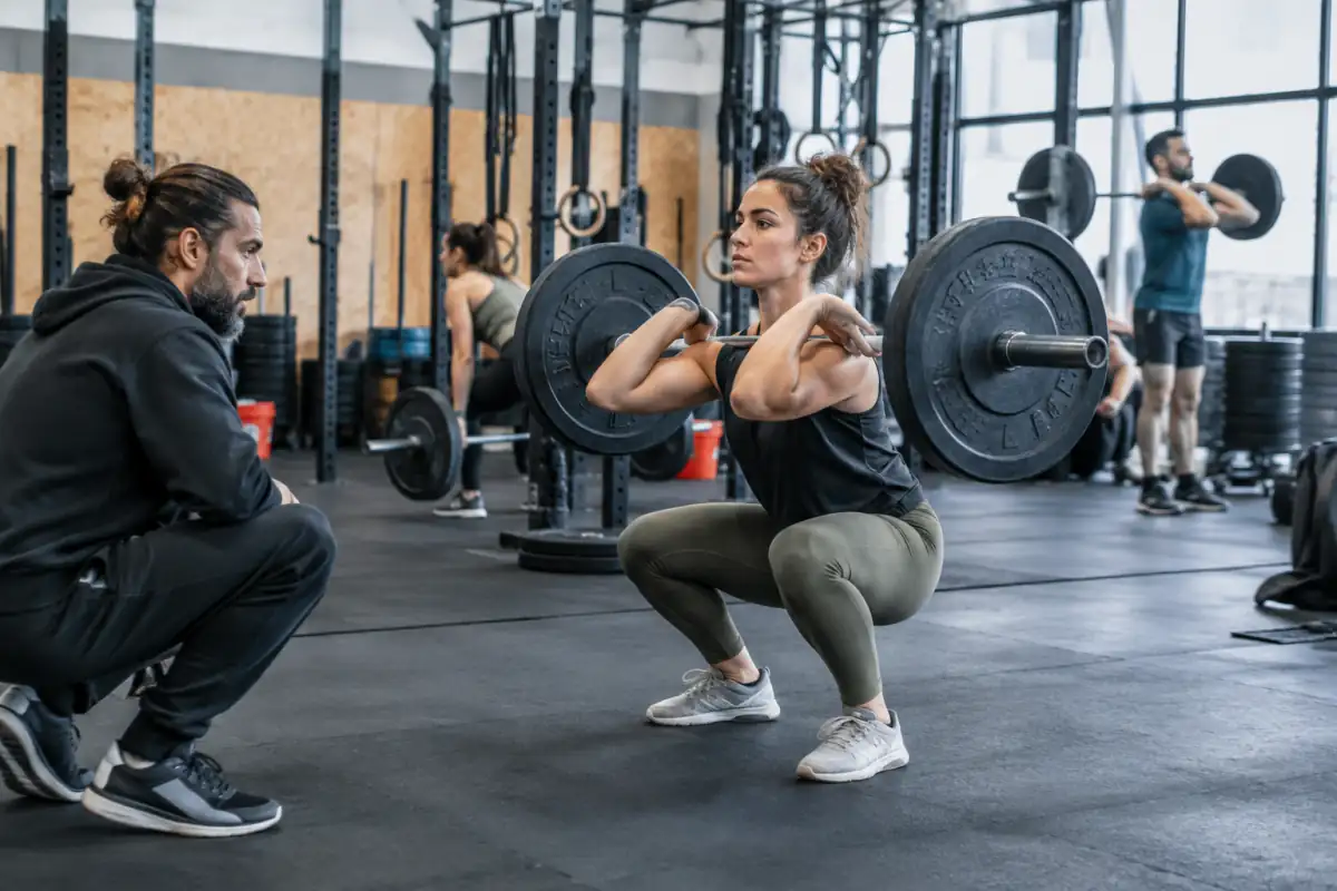 Une pratiquante réalise un squat avant à la barre sous l’œil d’un coach dans une salle de CrossFit équipée.