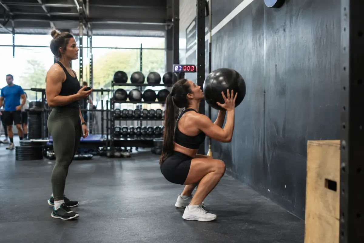 Un juge observe une athlète réalisant un wall-ball vers une cible, illustrant les standards de répétition en CrossFit.