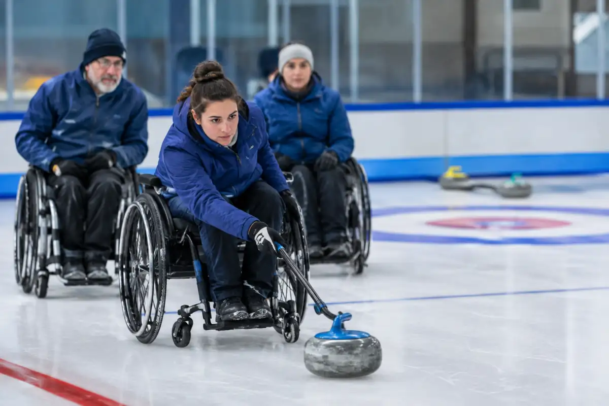 Un joueur de curling fauteuil lance une pierre avec une canne sur une piste glacée, tandis que ses coéquipiers observent sa trajectoire.