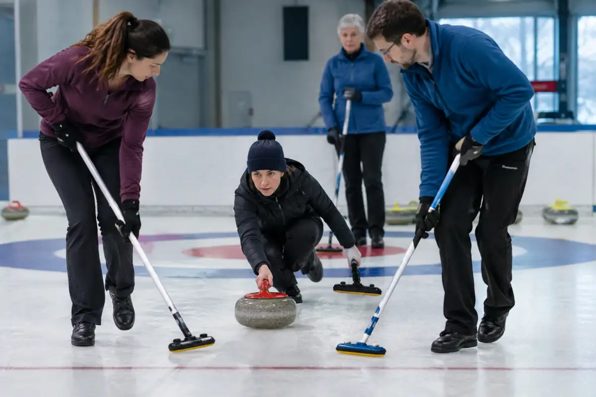 Un joueur libère une pierre de curling sur la glace tandis que ses coéquipiers balaient devant elle.