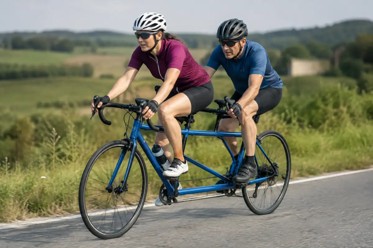 Deux cyclistes casqués pédalent ensemble sur un tandem de route lors d’une sortie en campagne.
