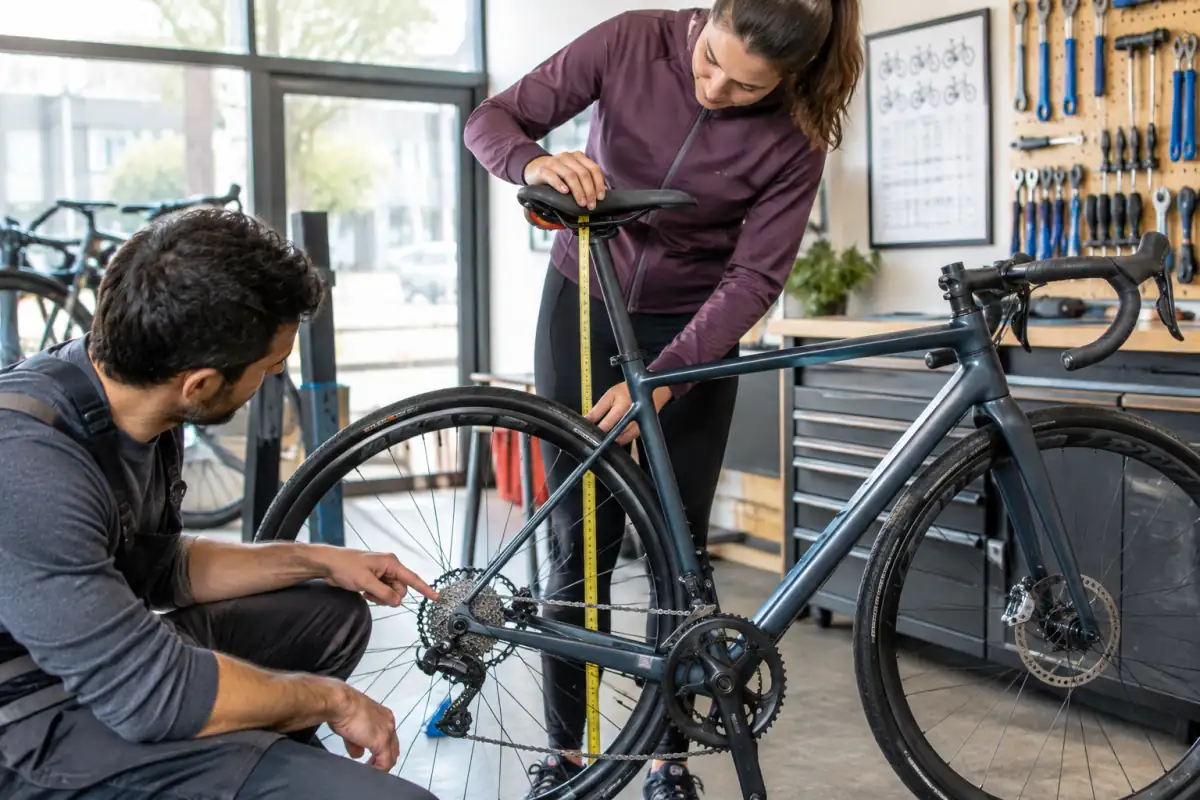Un cycliste vérifie la taille et le réglage de la selle d’un vélo de route à freins à disque dans un atelier.