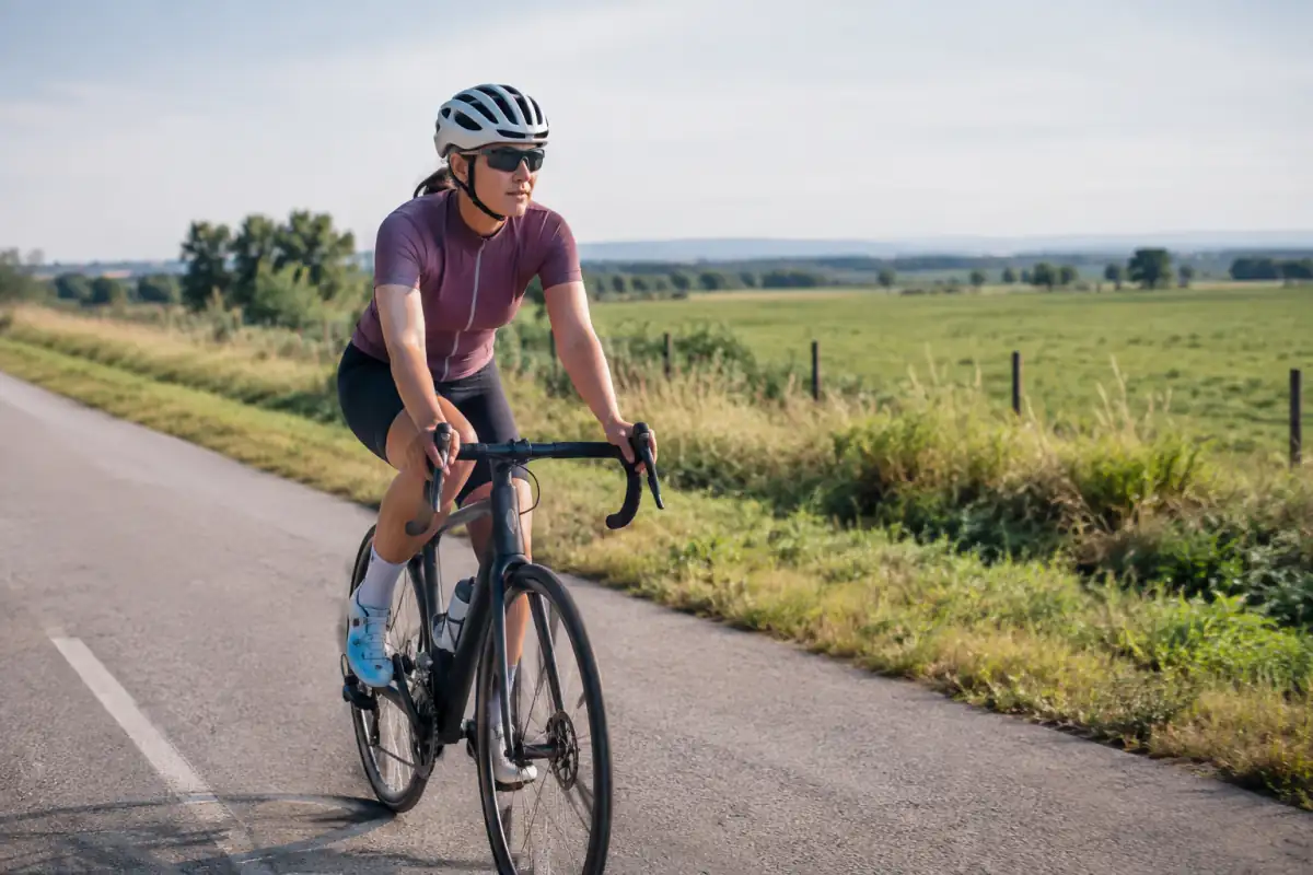 Cycliste débutant réalisant un effort court et contrôlé sur une route dégagée, mains posées sur les cocottes du vélo.