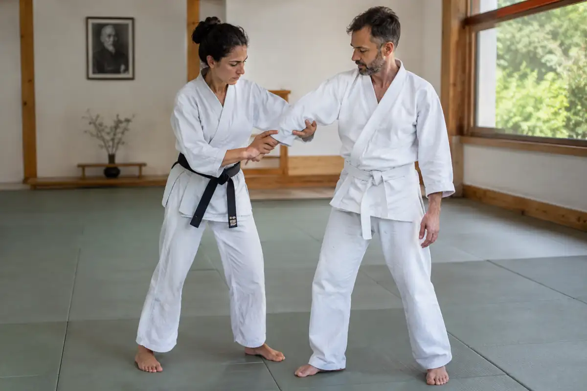 Deux pratiquants en keikogi travaillent une clé de contrôle du poignet en Daito-ryu aikijujutsu sur un tatami.