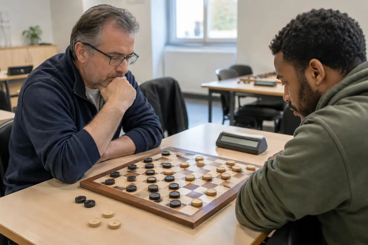 Joueur calculant une prise multiple aux dames internationales devant un damier réglementaire de 10×10 cases en club.