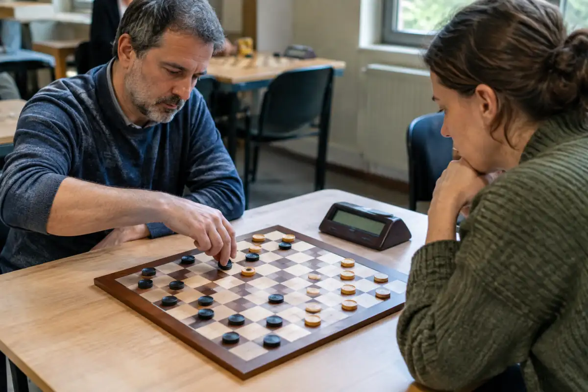 Partie de dames russes sur un damier de 8 × 8 cases, avec deux joueurs concentrés et une horloge de jeu.