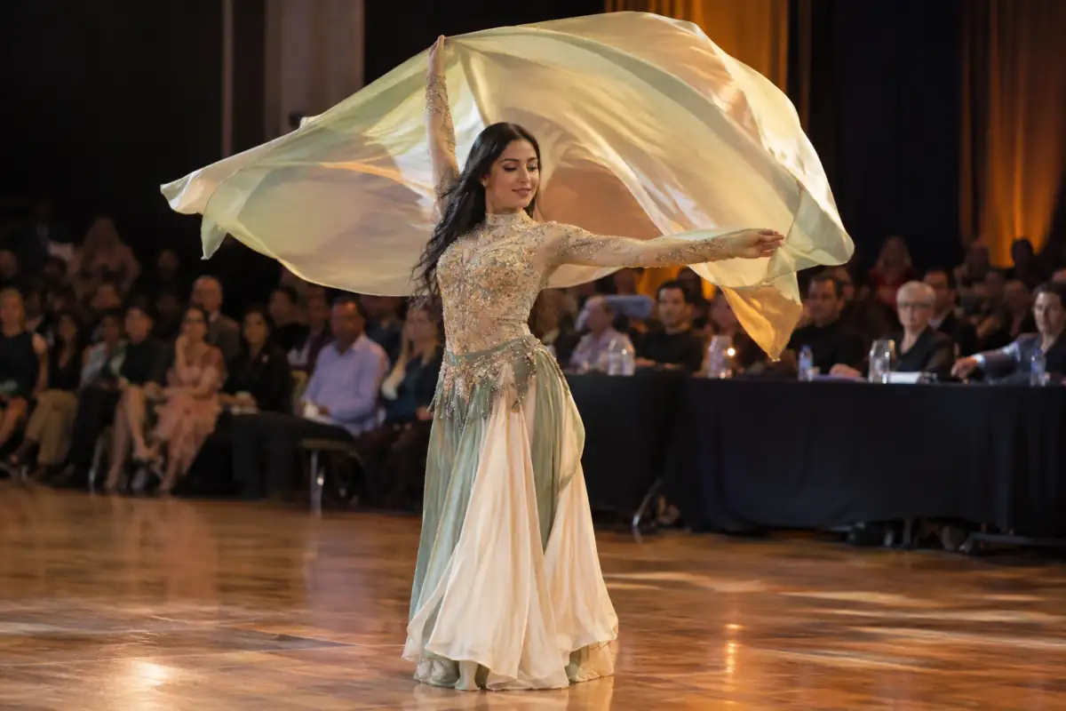 Danseuse en costume de scène exécutant une isolation du bassin sur un plateau lors d’une compétition de danse orientale.