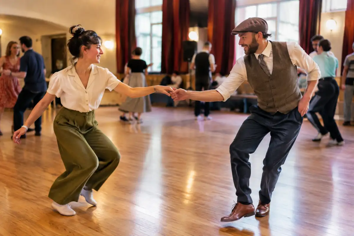 Deux partenaires dansent un swing out de lindy hop sur un parquet lors d’une soirée de danse swing.